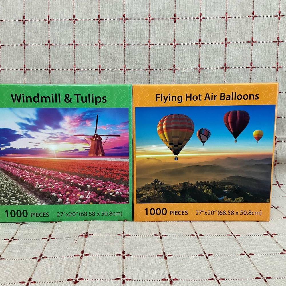 Set Of 2 Jigsaw Puzzles 1000 Pieces Each Windmill & Tulips Hot Air Balloons New - Picture 4 of 4